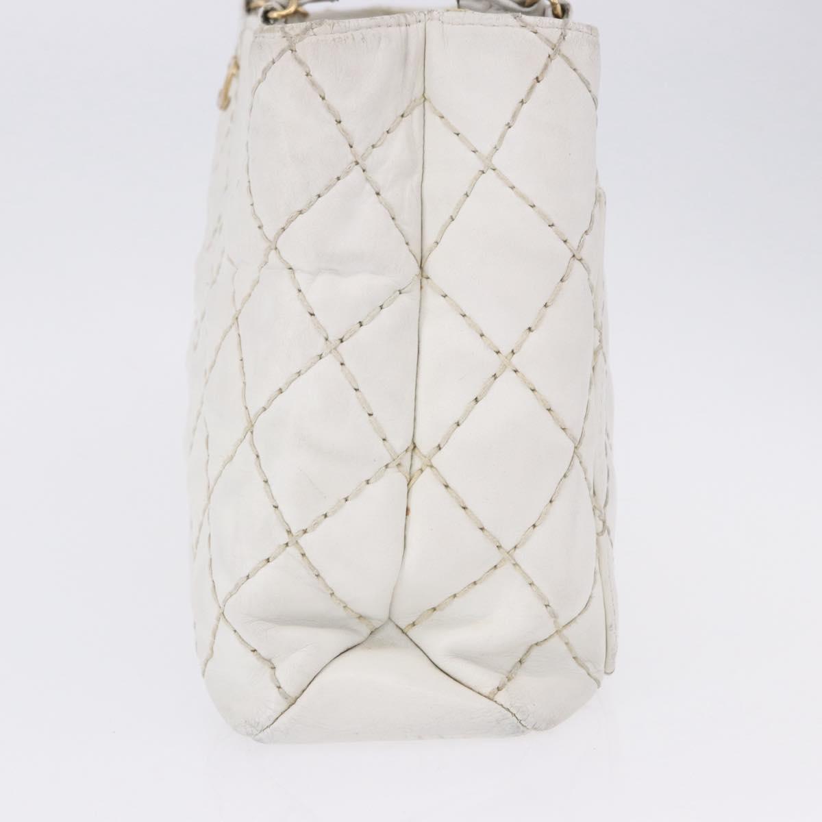 CHANEL Wild Stitch Chain Shoulder Bag Lamb Skin White Gold CC Auth BA6359