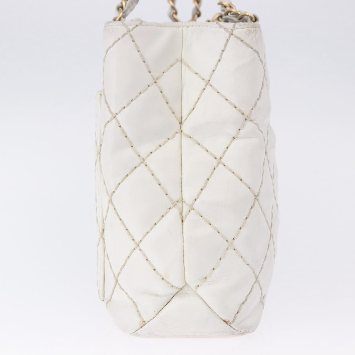 CHANEL Wild Stitch Chain Shoulder Bag Lamb Skin White Gold CC Auth BA6359