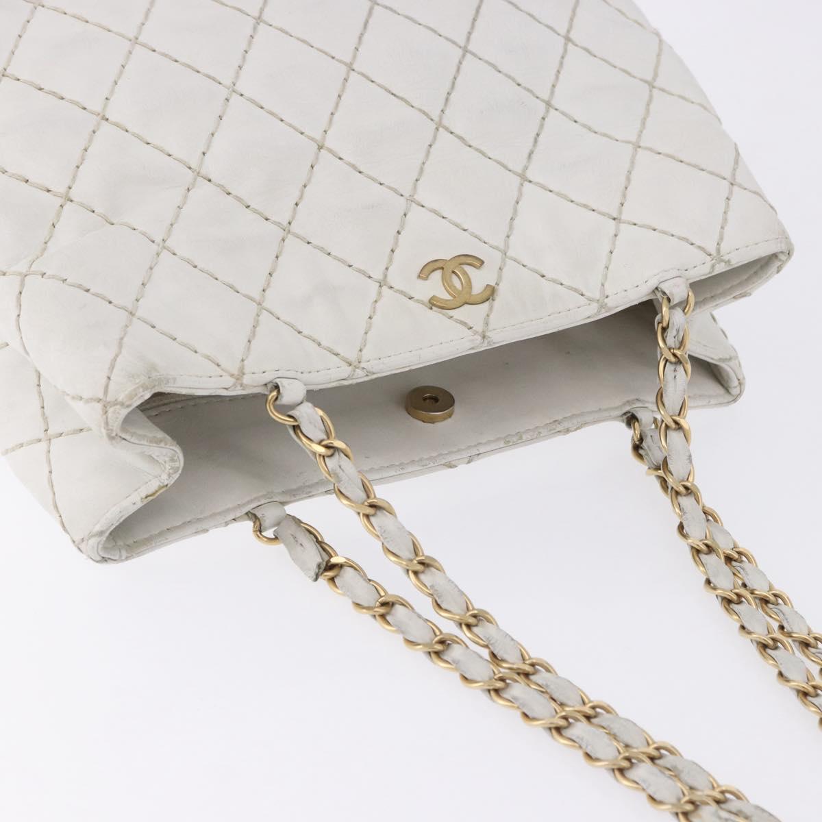 CHANEL Wild Stitch Chain Shoulder Bag Lamb Skin White Gold CC Auth BA6359
