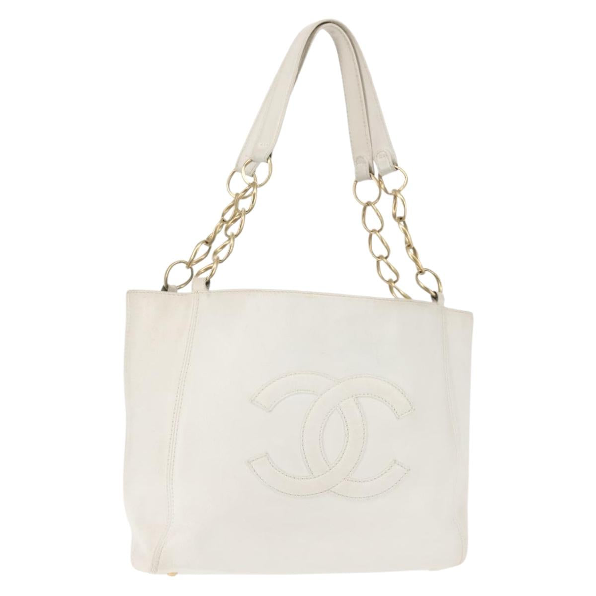 CHANEL Tote Bag Caviar Skin White Gold CC Auth BA6361