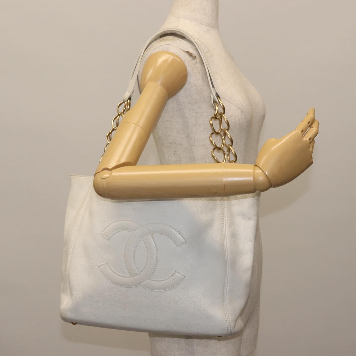 CHANEL Tote Bag Caviar Skin White Gold CC Auth BA6361
