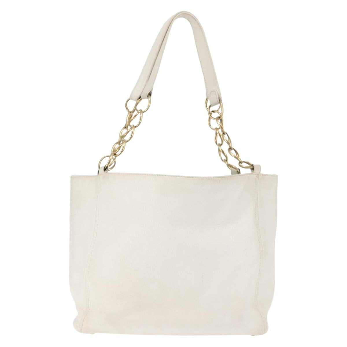 CHANEL Tote Bag Caviar Skin White Gold CC Auth BA6361