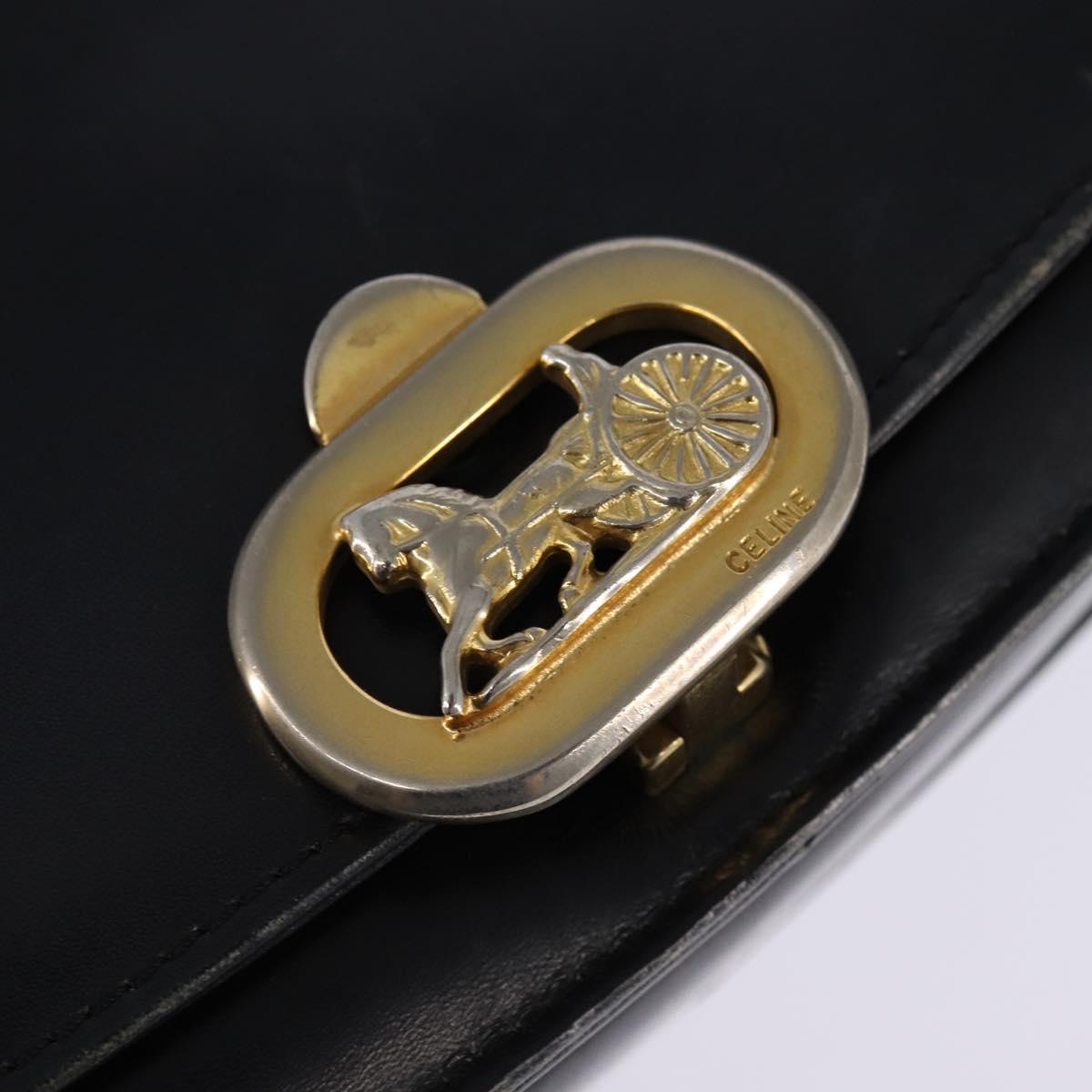CELINE Horse Carriage Shoulder Bag Leather Navy Gold Auth BA6372