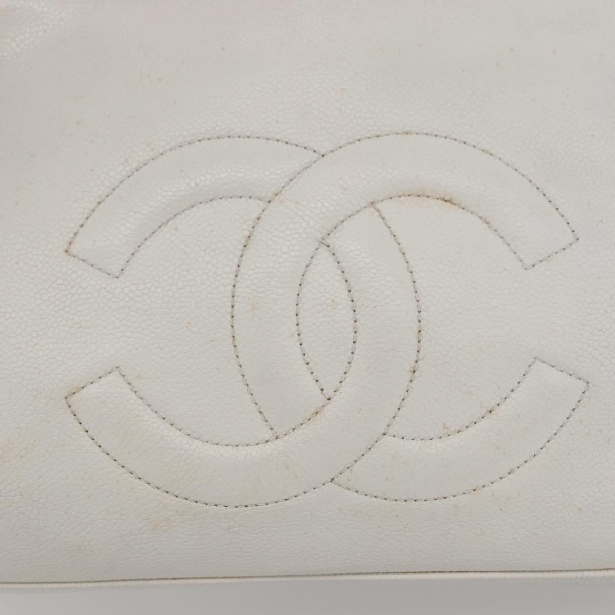 CHANEL Chain Shoulder Bag Caviar Skin White Silver CC Auth BA6376