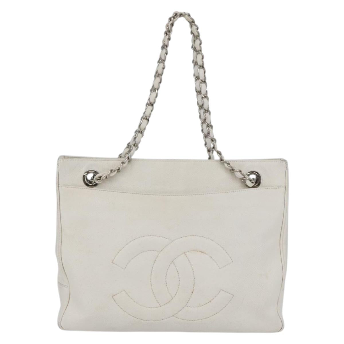CHANEL Chain Shoulder Bag Caviar Skin White Silver CC Auth BA6376