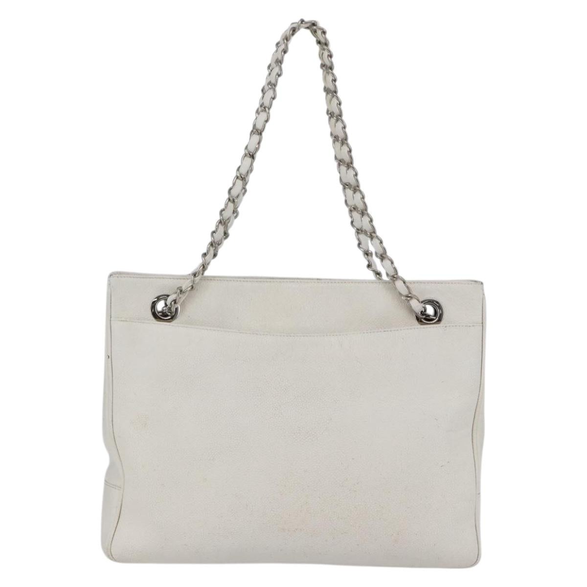 CHANEL Chain Shoulder Bag Caviar Skin White Silver CC Auth BA6376