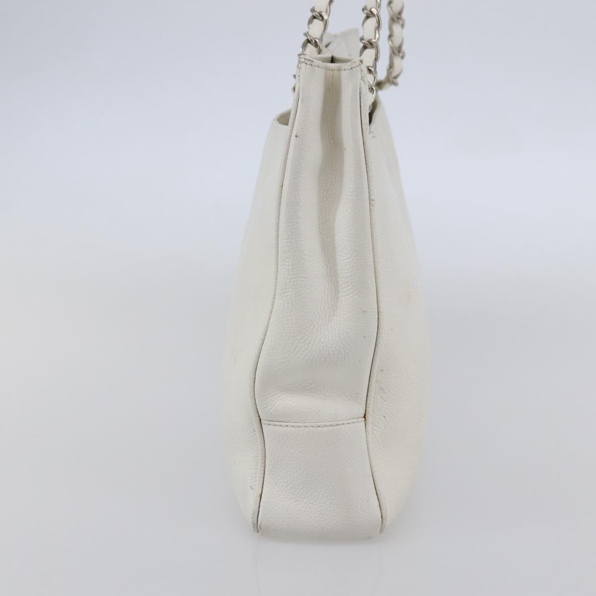 CHANEL Chain Shoulder Bag Caviar Skin White Silver CC Auth BA6376