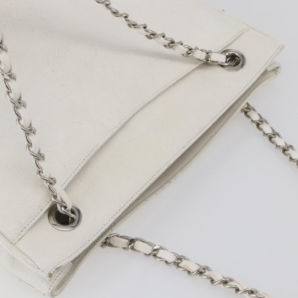 CHANEL Chain Shoulder Bag Caviar Skin White Silver CC Auth BA6376