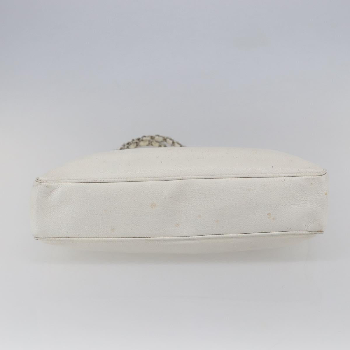 CHANEL Chain Shoulder Bag Caviar Skin White Silver CC Auth BA6376