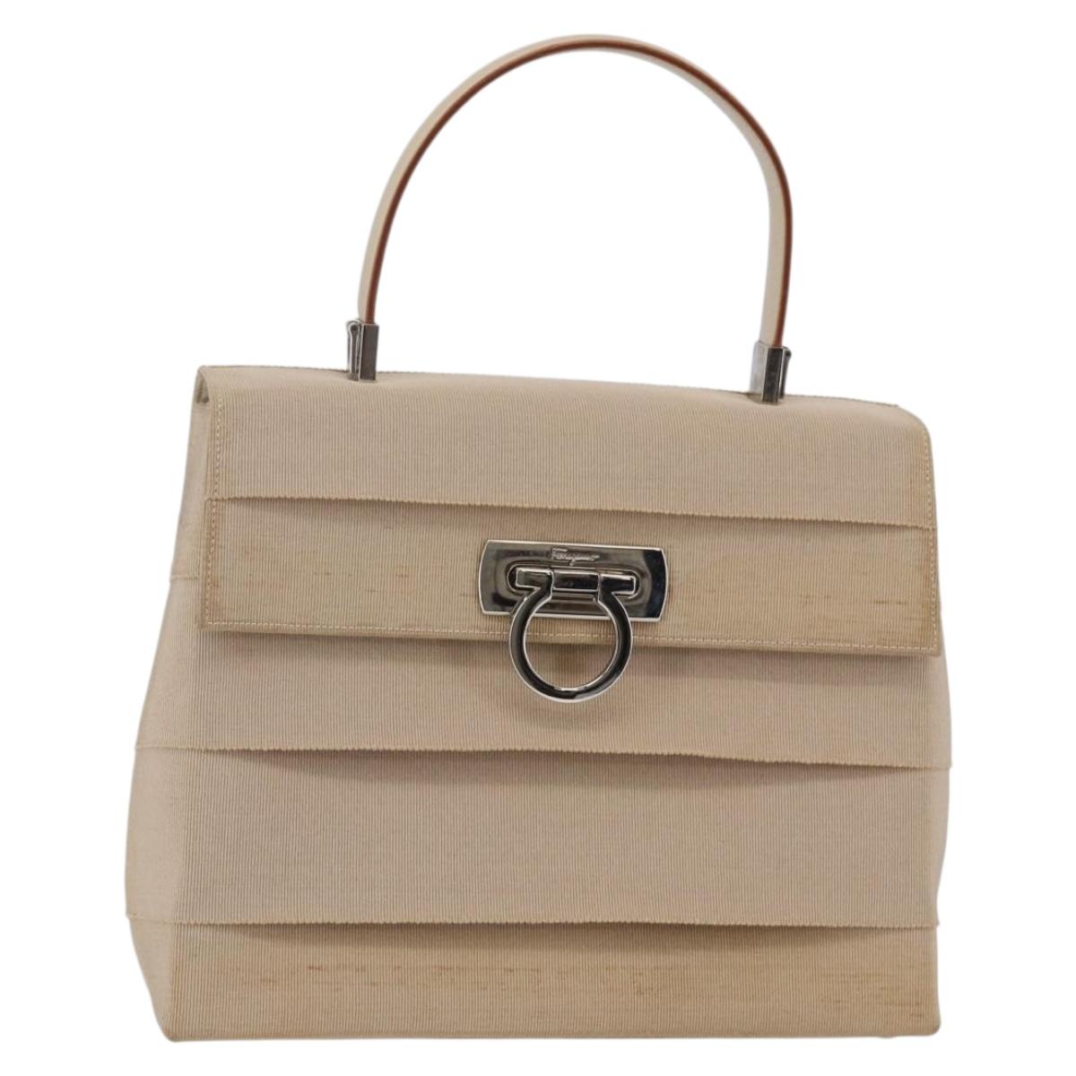Salvatore Ferragamo Gancini Hand Bag Canvas Beige Silver Auth BA6378