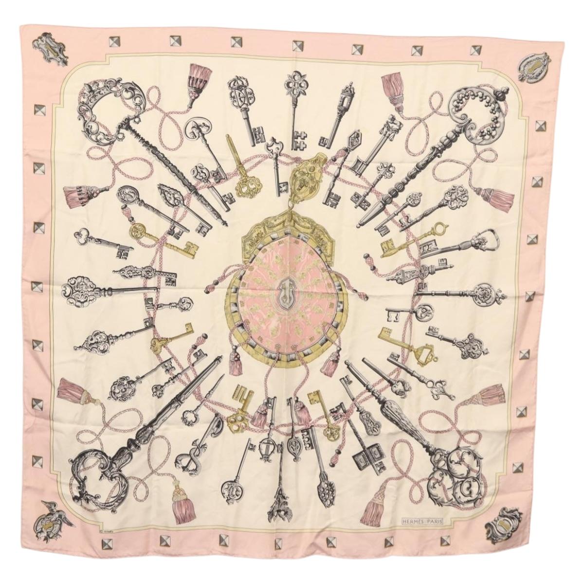 HERMES Carre 90 Scarf ""les cles key"" Silk Pink White Auth BA6383