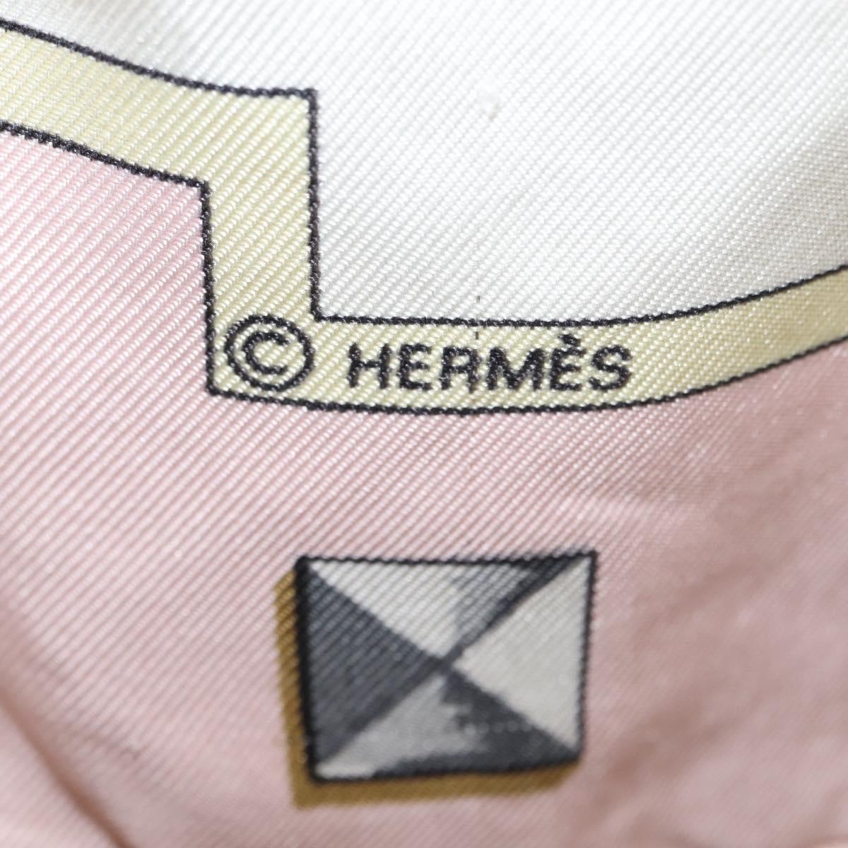 HERMES Carre 90 Scarf ""les cles key"" Silk Pink White Auth BA6383