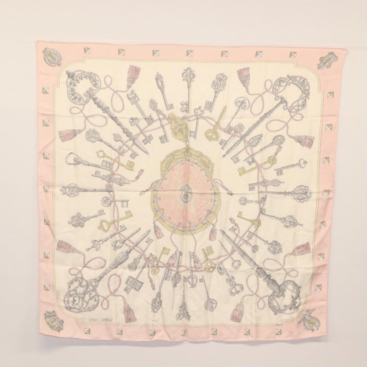 HERMES Carre 90 Scarf ""les cles key"" Silk Pink White Auth BA6383