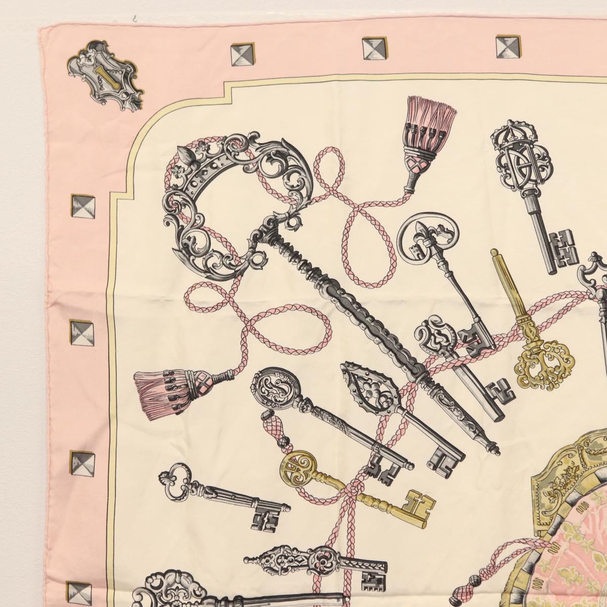 HERMES Carre 90 Scarf ""les cles key"" Silk Pink White Auth BA6383