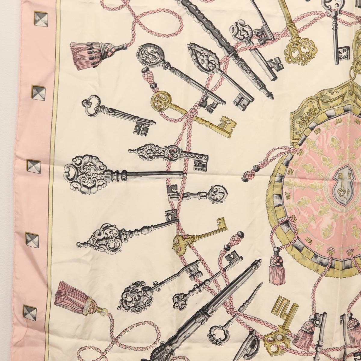 HERMES Carre 90 Scarf ""les cles key"" Silk Pink White Auth BA6383