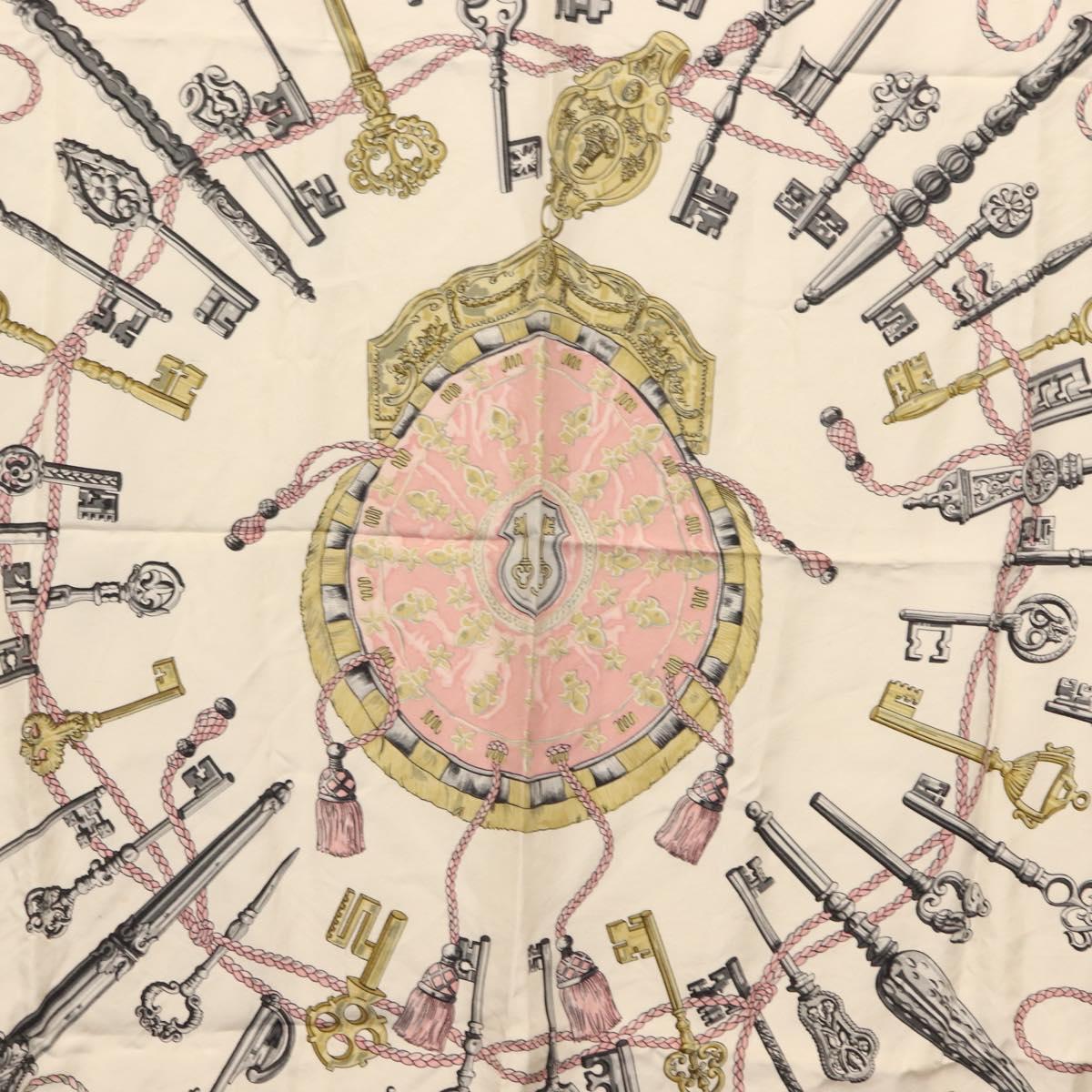 HERMES Carre 90 Scarf ""les cles key"" Silk Pink White Auth BA6383