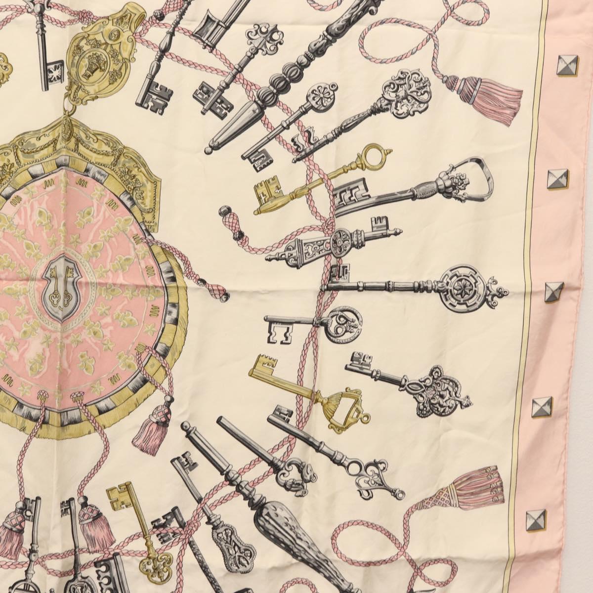 HERMES Carre 90 Scarf ""les cles key"" Silk Pink White Auth BA6383