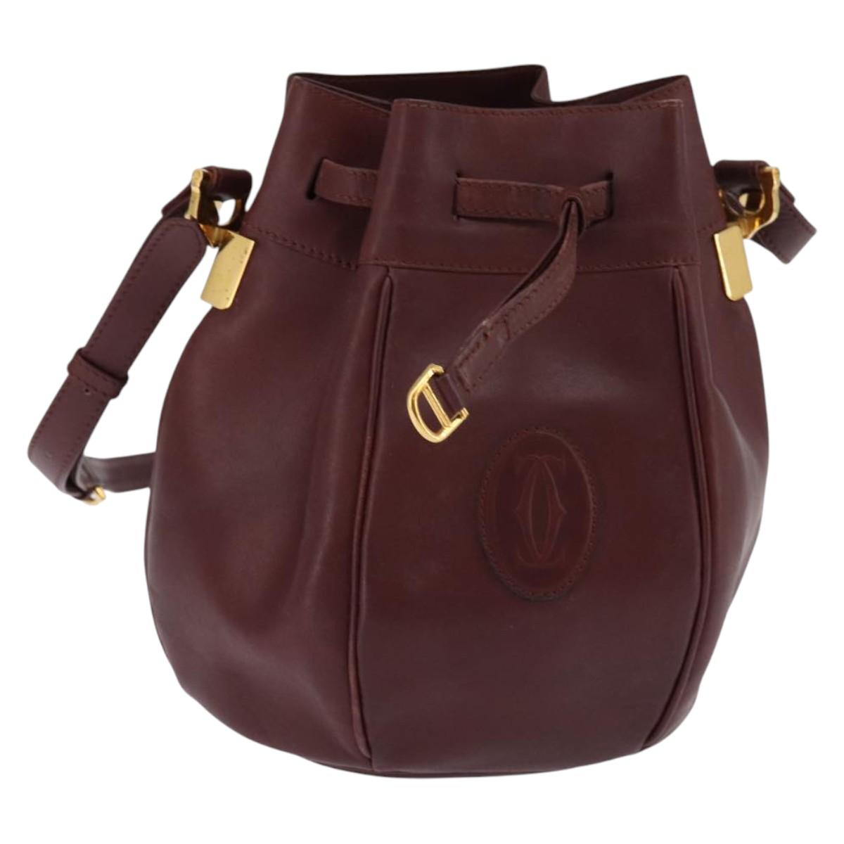 CARTIER Must Line Shoulder Bag Leather Bordeaux Gold Auth BA6387