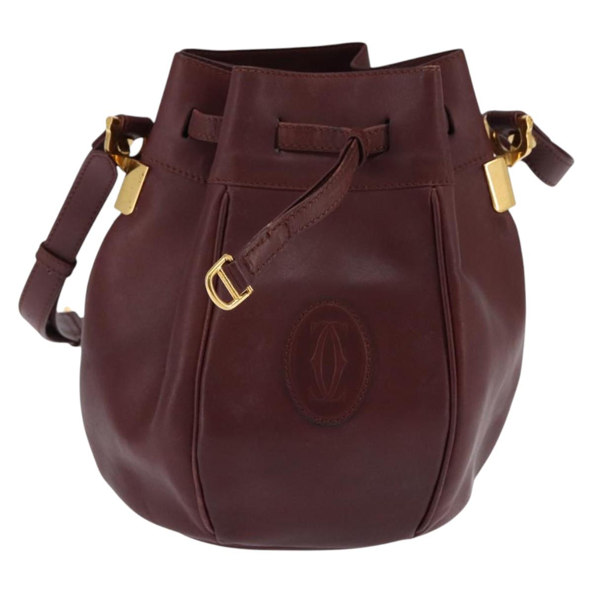 CARTIER Must Line Shoulder Bag Leather Bordeaux Gold Auth BA6387