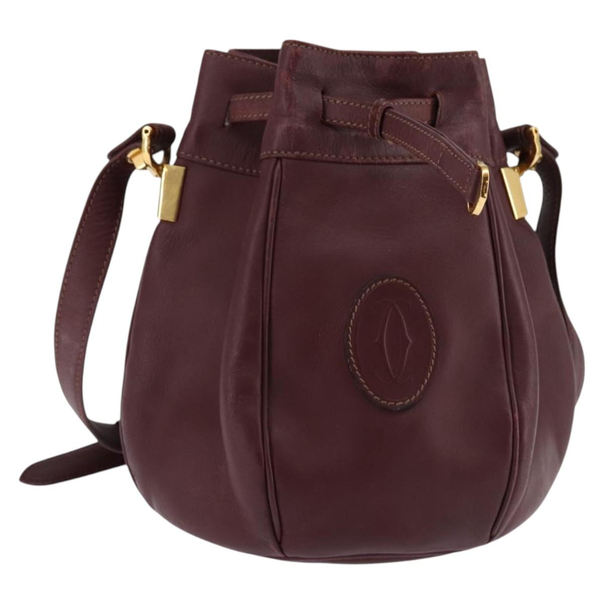 CARTIER Must Line Shoulder Bag Leather Bordeaux Gold Auth BA6388