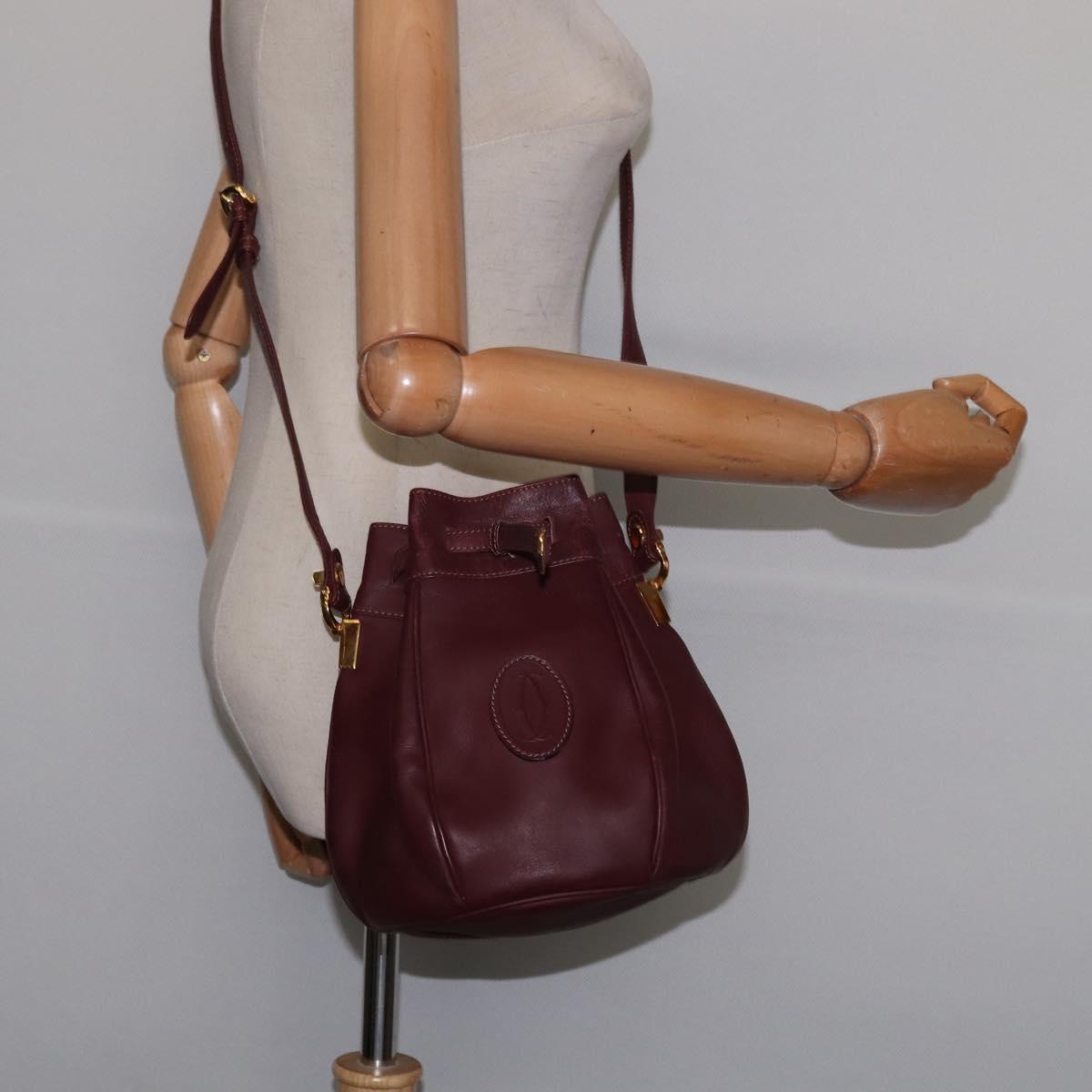 CARTIER Must Line Shoulder Bag Leather Bordeaux Gold Auth BA6388