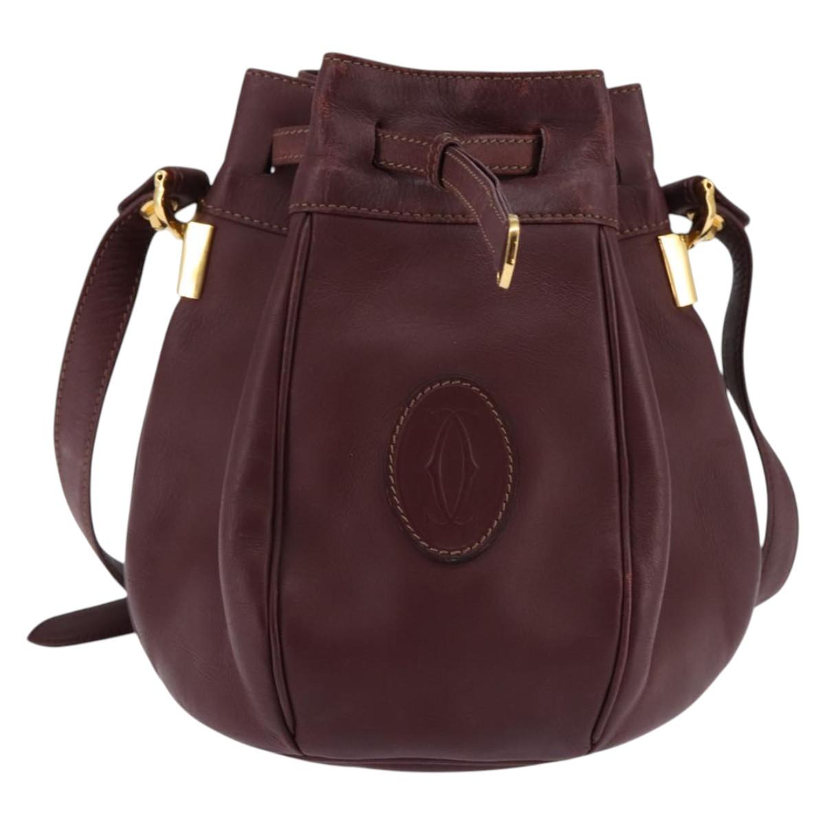 CARTIER Must Line Shoulder Bag Leather Bordeaux Gold Auth BA6388