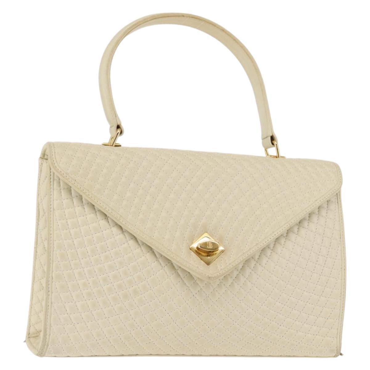 BALLY Quilted Hand Bag Leather Beige Gold Auth BA6460
