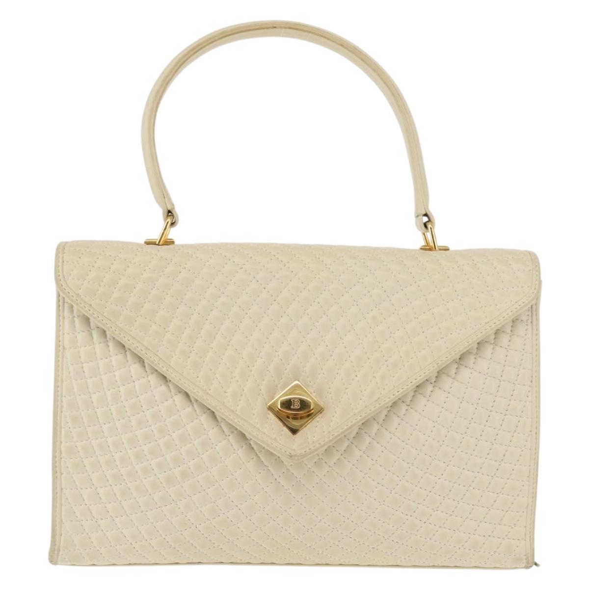 BALLY Quilted Hand Bag Leather Beige Gold Auth BA6460