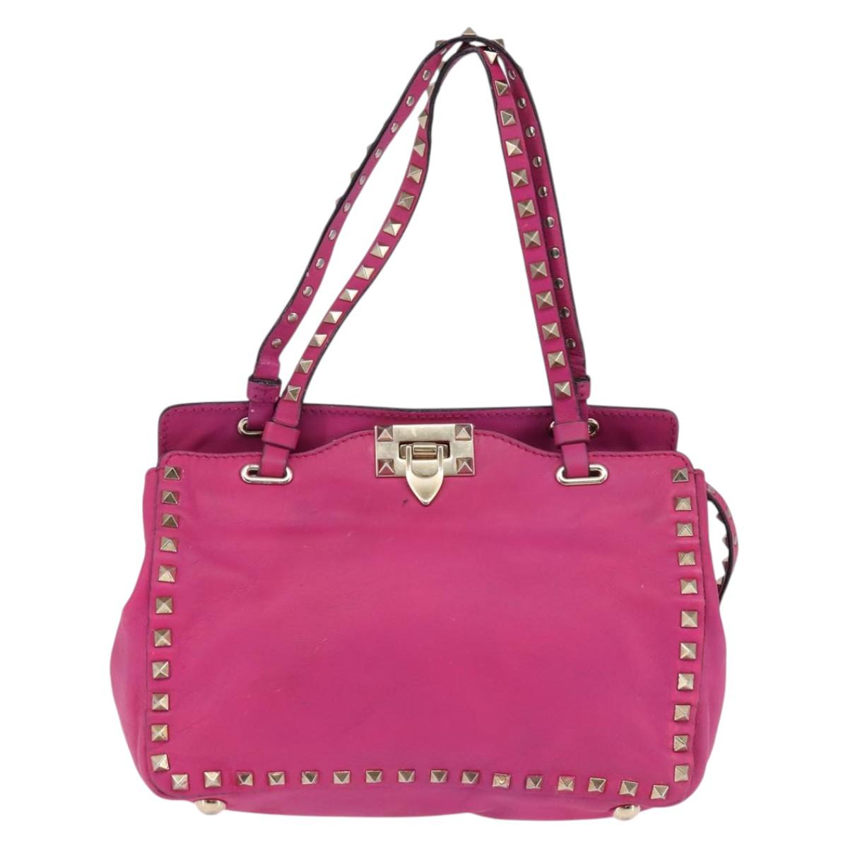 VALENTINO Studs Hand Bag Leather 2way Pink Gold Auth BA6473