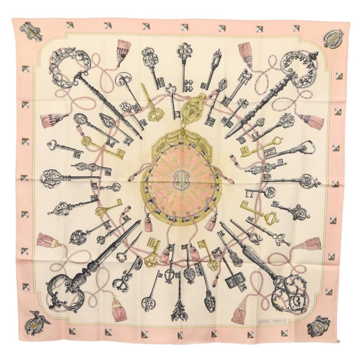 HERMES Carre 90 Scarf ""les cles key"" Silk Pink Auth BA6545