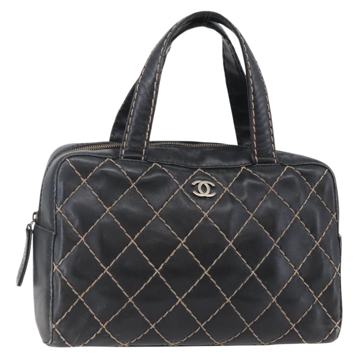 CHANEL Wild Stitch Hand Bag Leather Black Gold CC Auth BA6552