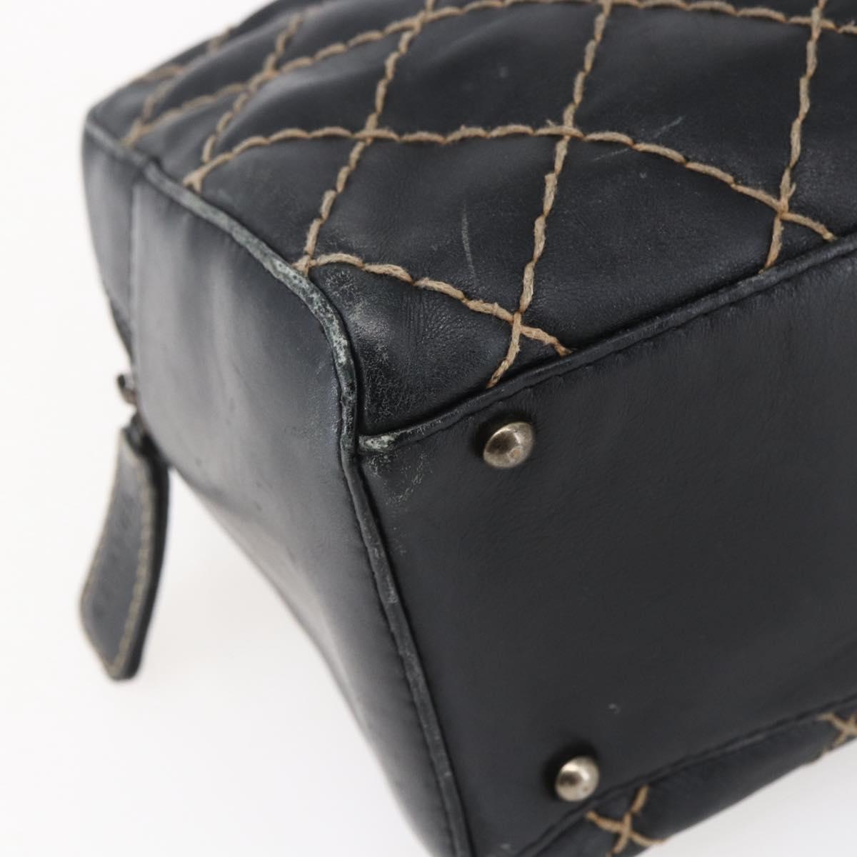 CHANEL Wild Stitch Hand Bag Leather Black Gold CC Auth BA6552