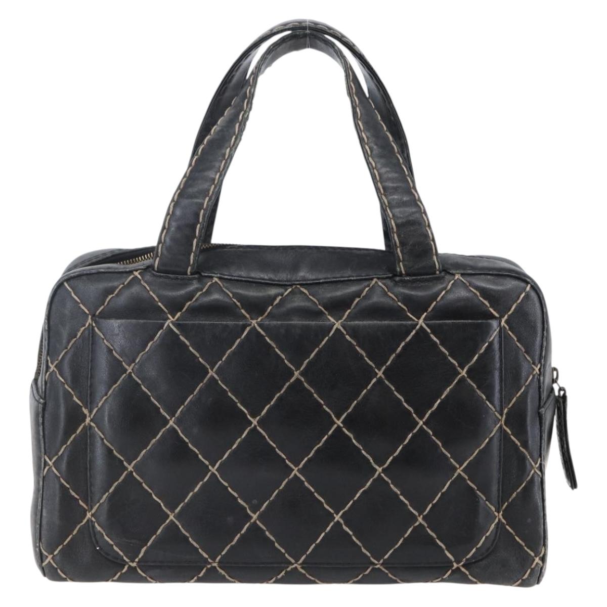 CHANEL Wild Stitch Hand Bag Leather Black Gold CC Auth BA6552