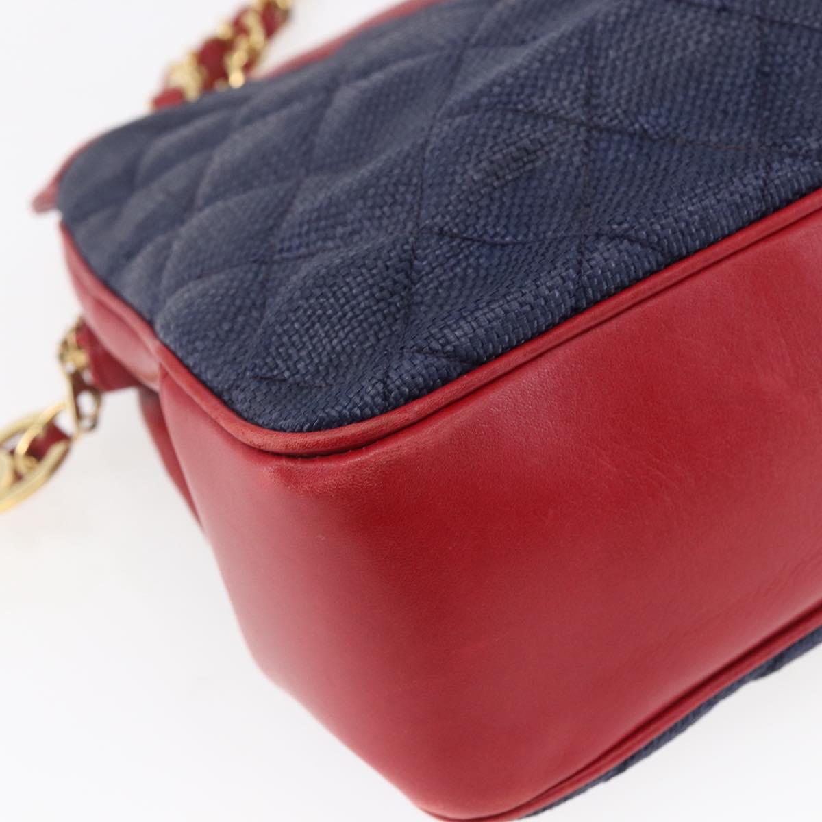 CHANEL Matelasse Chain Shoulder Bag straw Navy Gold CC Auth BA6555