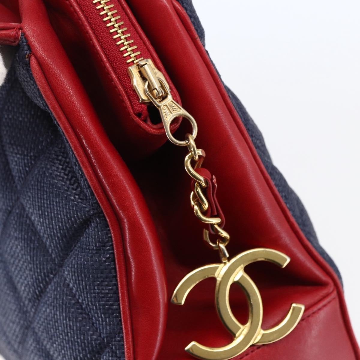 CHANEL Matelasse Chain Shoulder Bag straw Navy Gold CC Auth BA6555