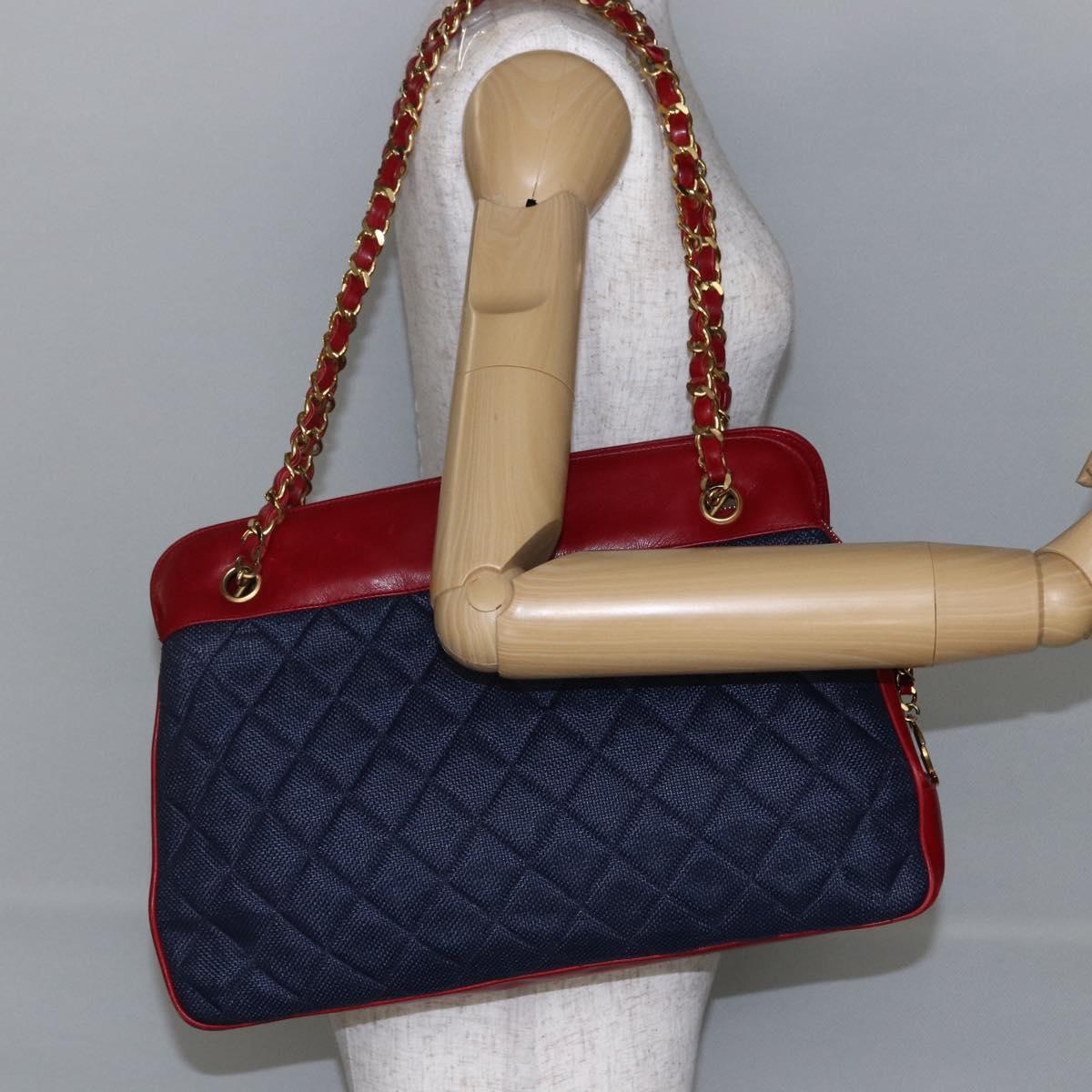 CHANEL Matelasse Chain Shoulder Bag straw Navy Gold CC Auth BA6555