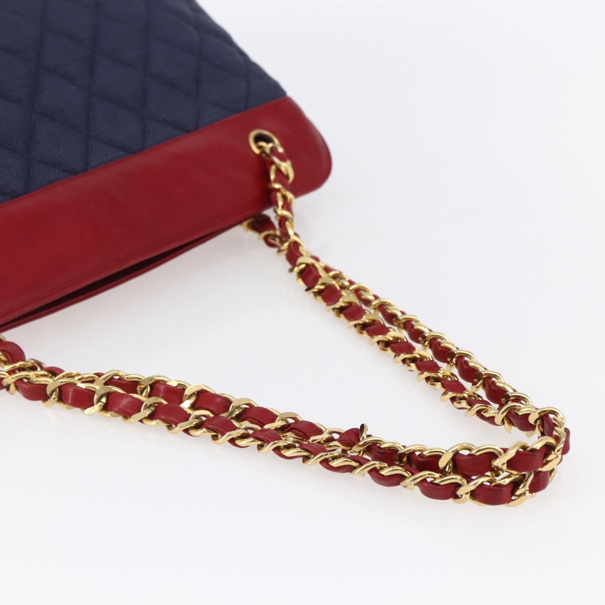 CHANEL Matelasse Chain Shoulder Bag straw Navy Gold CC Auth BA6555