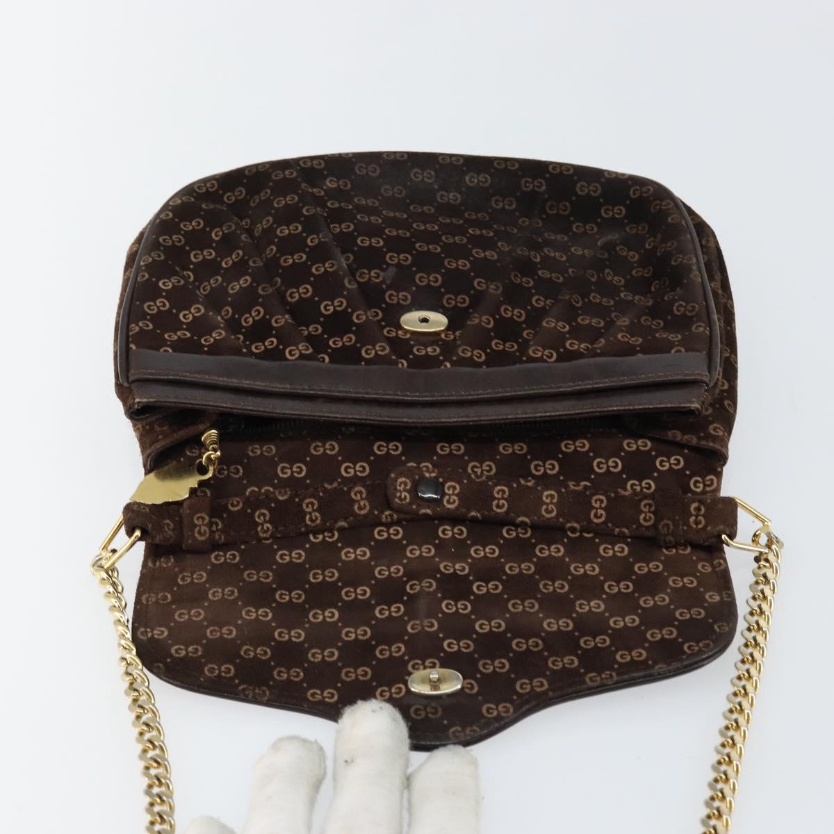 GUCCI Micro GG Canvas Chain Shoulder Bag Suede Brown Gold Auth BA6560