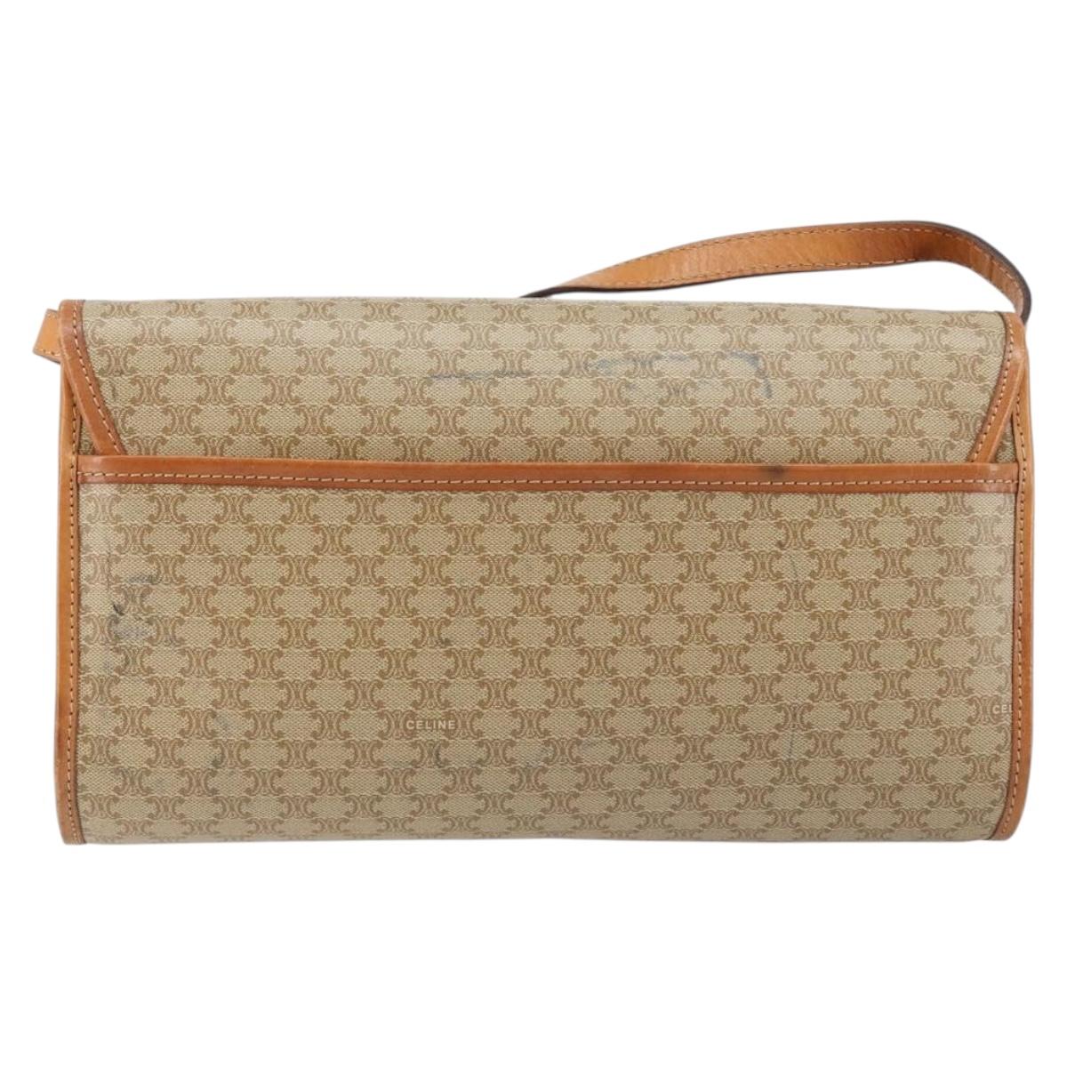 CELINE Macadam Canvas Shoulder Bag PVC Beige Gold Auth BA6573