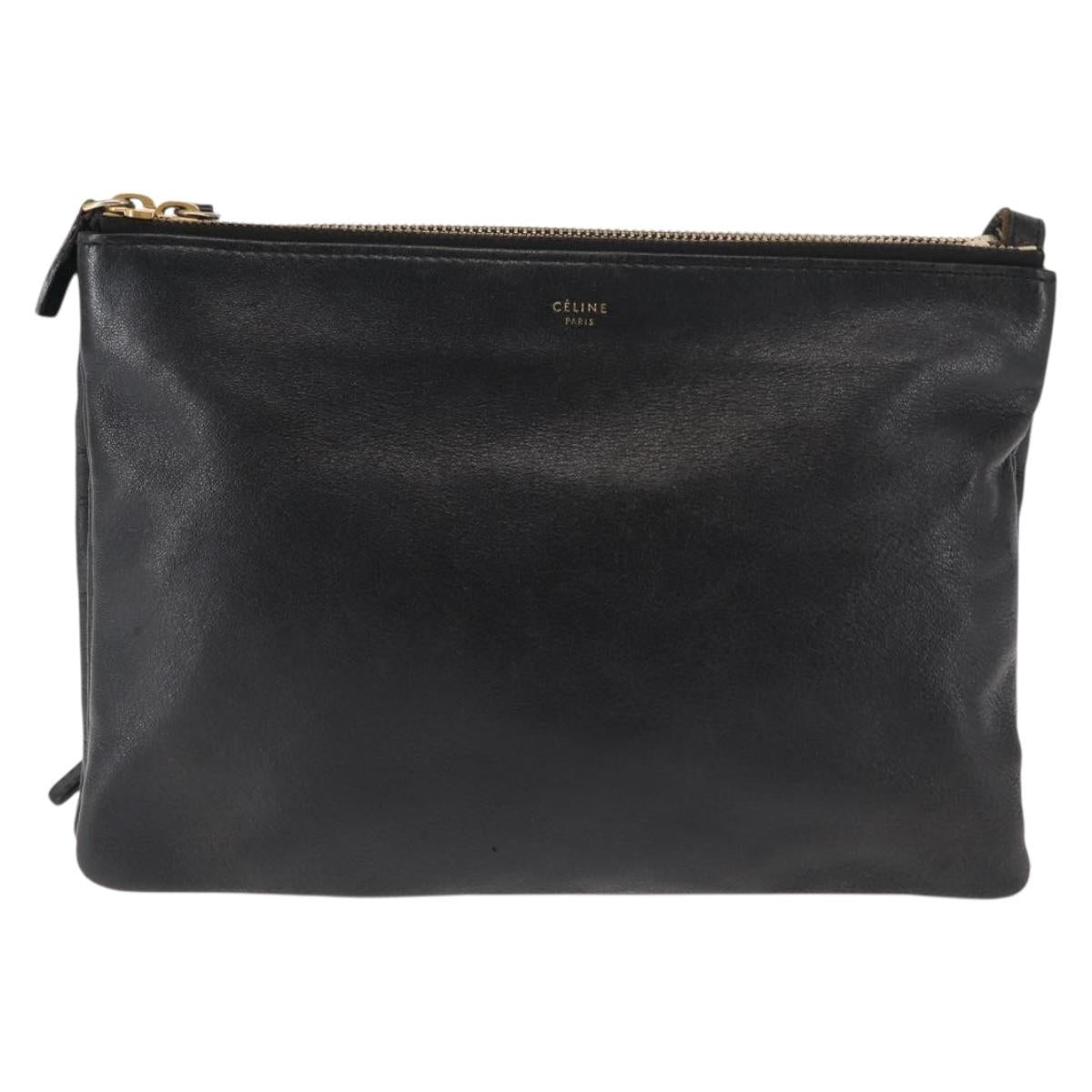 CELINE Trio Shoulder Bag Leather Black Gold Auth BA6576