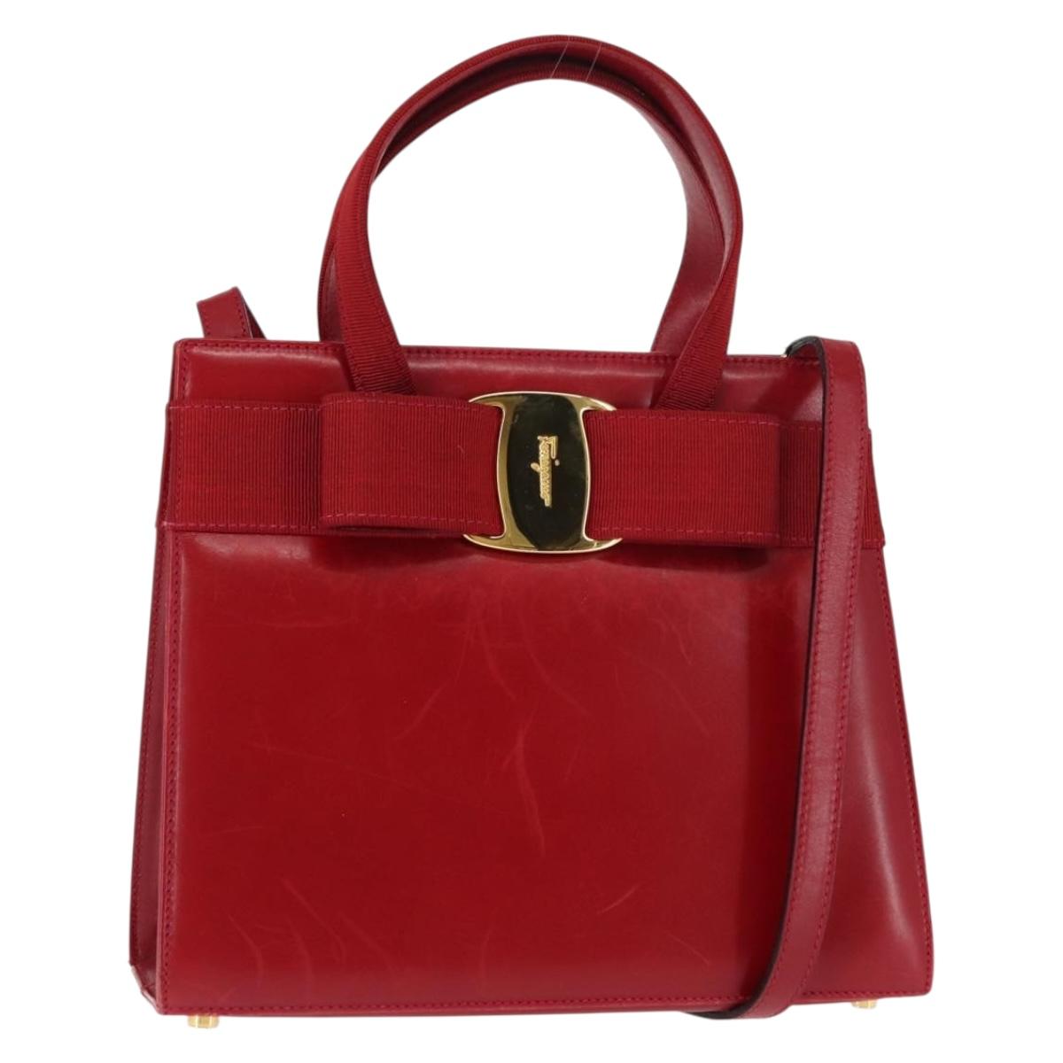 Salvatore Ferragamo Vala Hand Bag Leather 2way Red Gold Auth BA6584