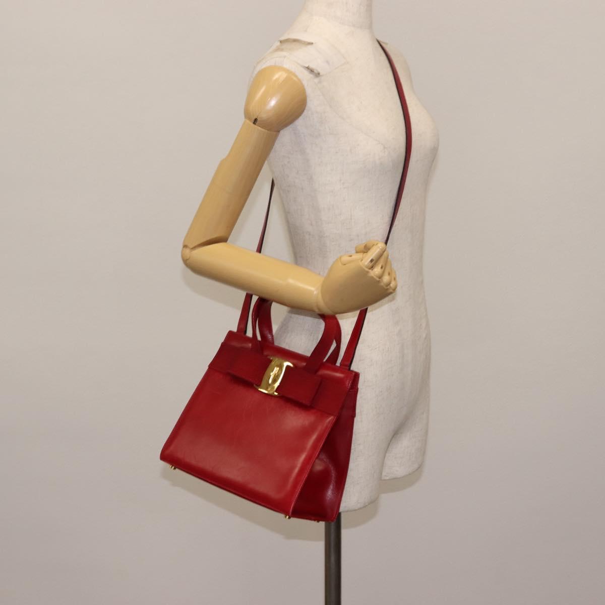 Salvatore Ferragamo Vala Hand Bag Leather 2way Red Gold Auth BA6584