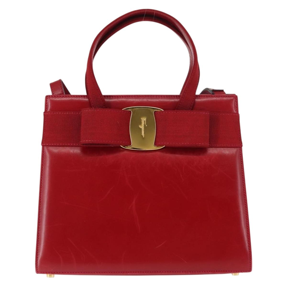 Salvatore Ferragamo Vala Hand Bag Leather 2way Red Gold Auth BA6584