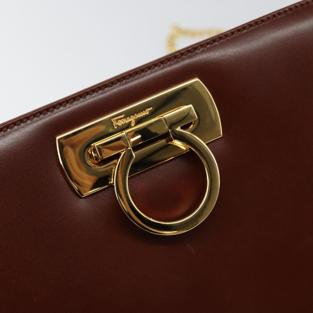 Salvatore Ferragamo Gancini Chain Shoulder Bag Leather Brown Gold Auth BA6585