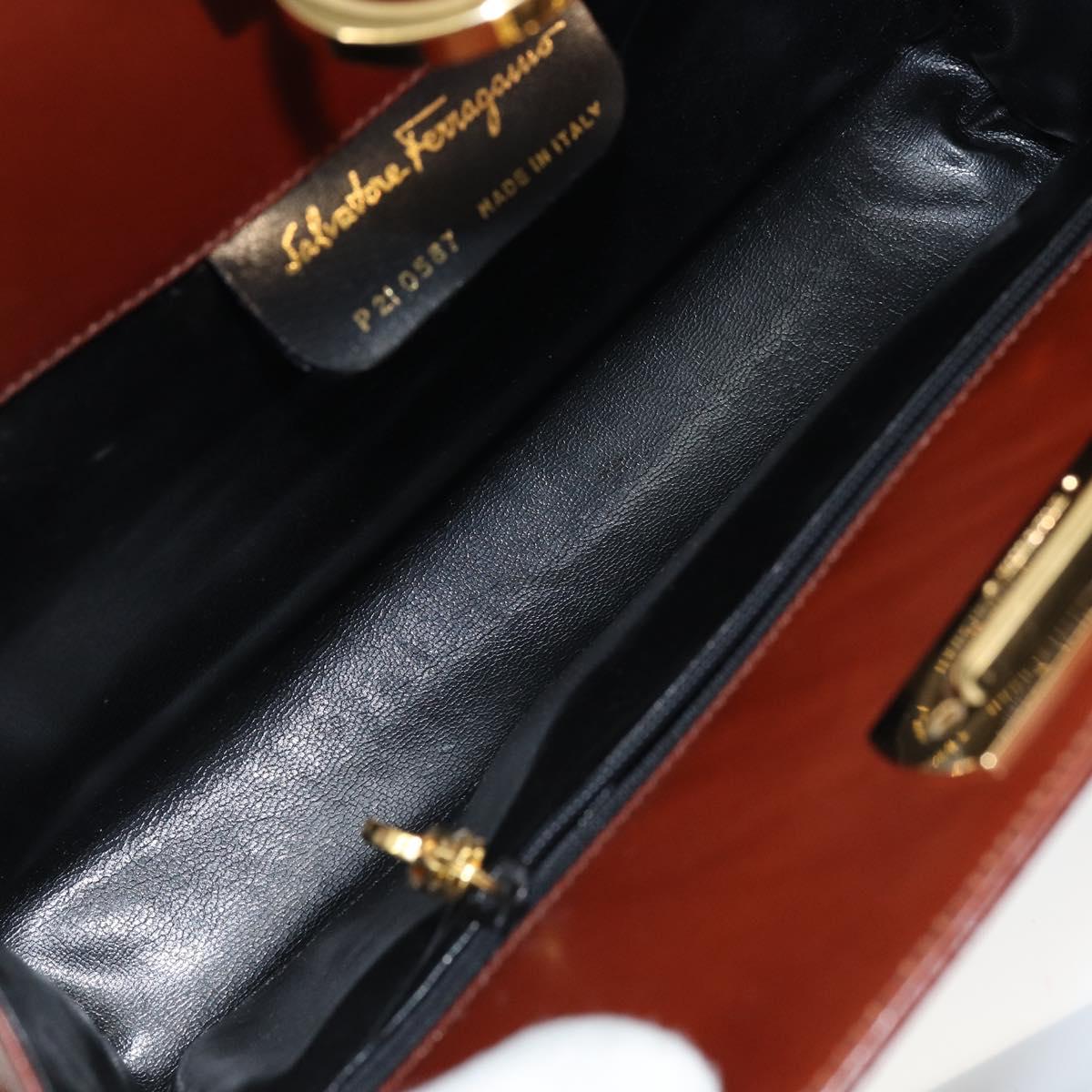 Salvatore Ferragamo Gancini Chain Shoulder Bag Leather Brown Gold Auth BA6585