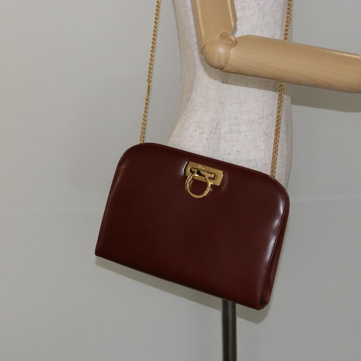 Salvatore Ferragamo Gancini Chain Shoulder Bag Leather Brown Gold Auth BA6585
