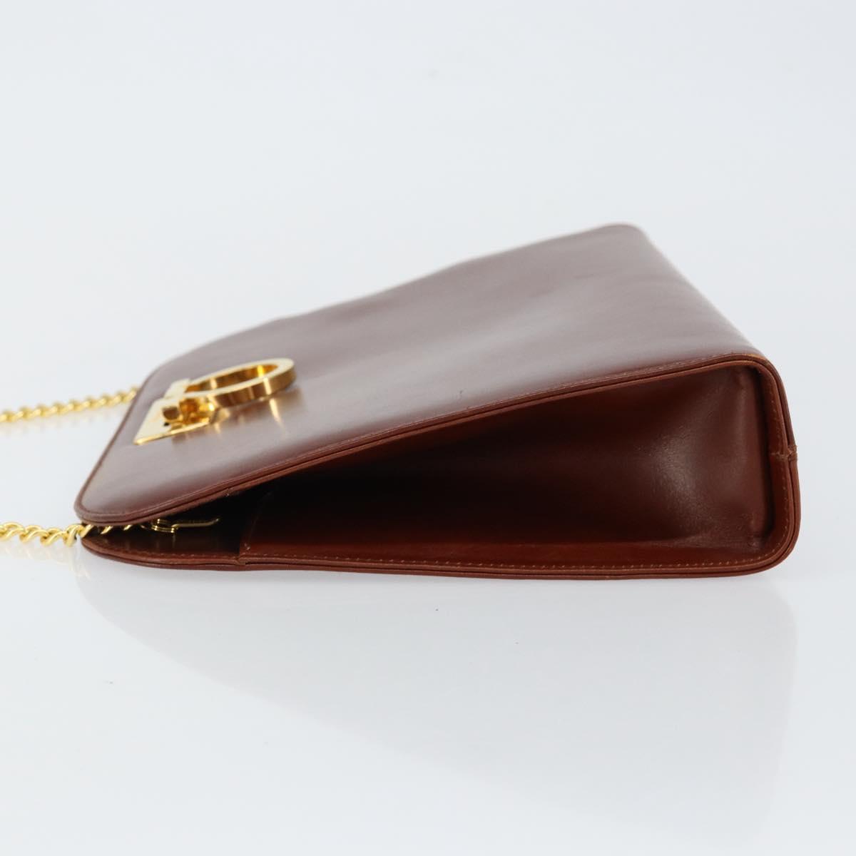 Salvatore Ferragamo Gancini Chain Shoulder Bag Leather Brown Gold Auth BA6585