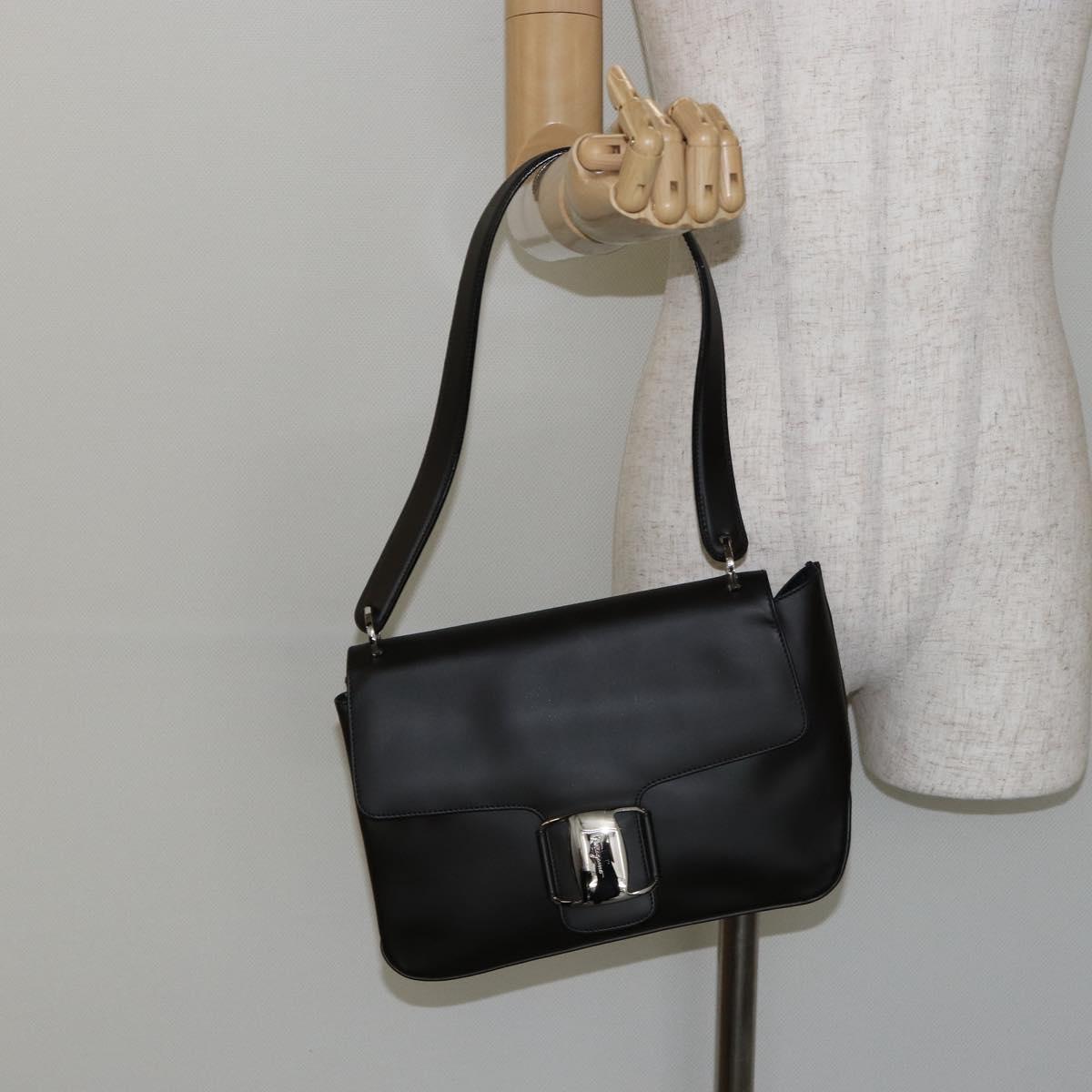 Salvatore Ferragamo Vala Shoulder Bag Leather Black Silver Auth BA6586