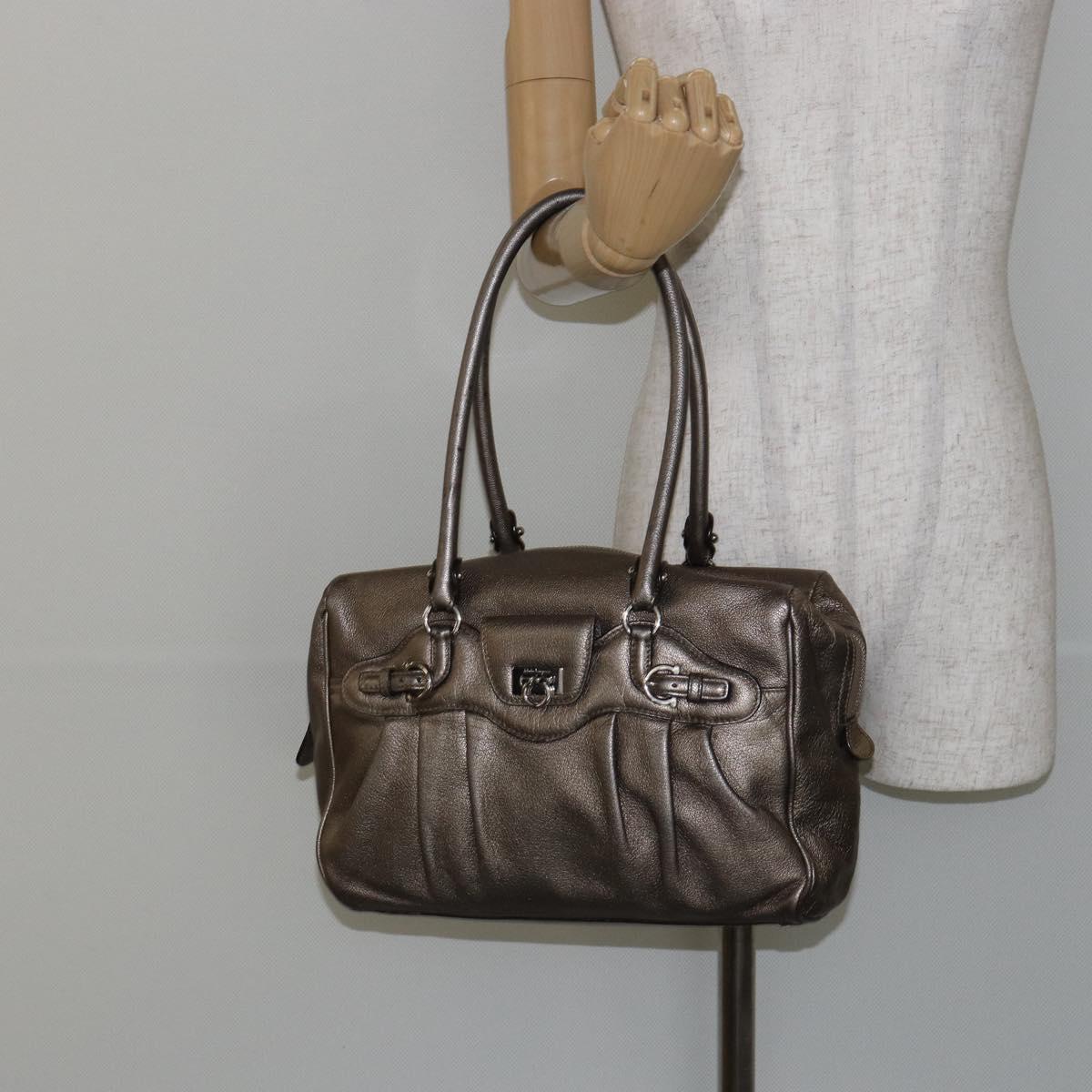 Salvatore Ferragamo Gancini Tote Bag Leather Gold Silver Auth BA6588