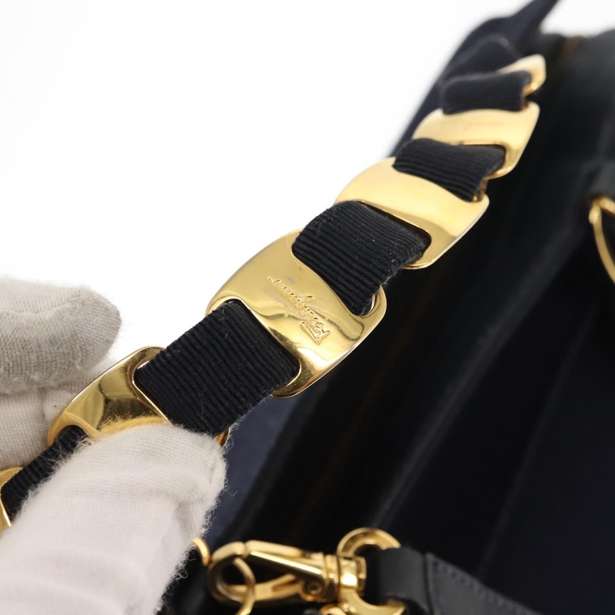 Salvatore Ferragamo Vala Hand Bag Canvas 2way Navy Gold Auth BA6589